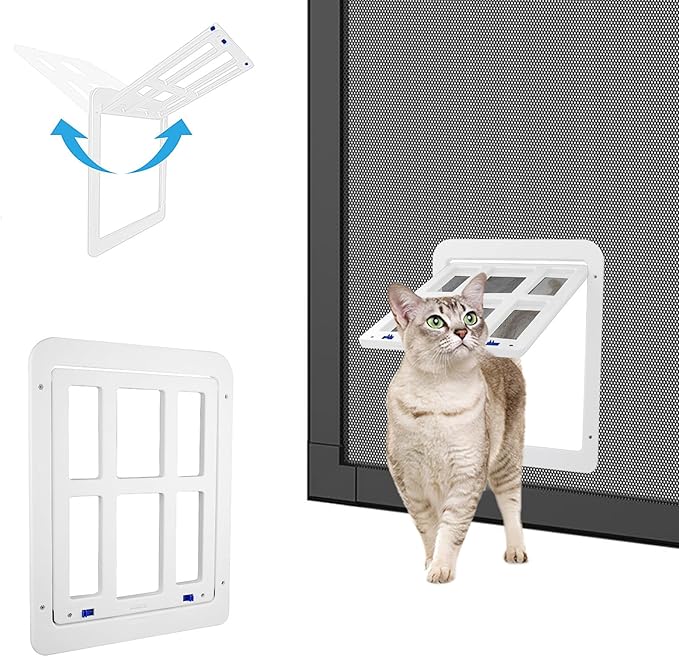 Dog Door for Screen Door - 8.3" x 10.3" Small Pet Door for Cats & Small Dogs, Magnetic Flap with Lockable Insert, Sliding Screen Door Compatible, White
