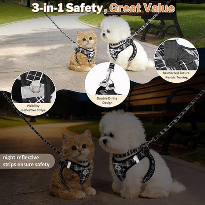 Gyuzh Cat Harness and Leash Set for Puppies - 3 Piece Step in No Pull Vest & Collar, Extra Small Kitten Harness, Breathable Reflective Plaid, Padded Leash (Black, S)