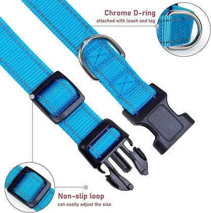 Reflective Dog Collar with Buckle Adjustable Safety Nylon Collars for Small Medium Large Dogs, Blue S