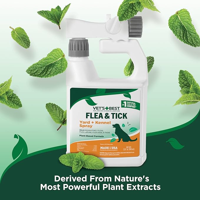 Vet's Best Flea and Tick Yard and Dog Kennel Spray, Mosquito Repellent with Certified Natural Oils, Plant Safe with Ready-to-Use Hose Attachment, Flea and Tick Prevention for Dogs, 32 oz