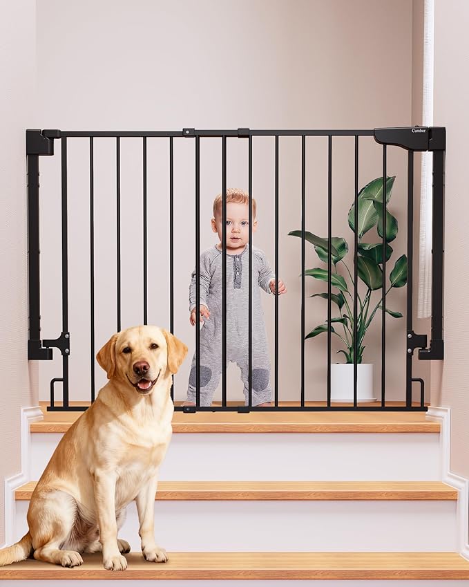 Cumbor 29.2–43" Baby Gate for Stairs, Wall-Mounted (Drill Required), Expandable No Bottom Bar Dog Gate, Auto Close Extra Wide Walk Thru, Pet & Toddler Proof Gate, Top & Bottom of Stairways(Black)