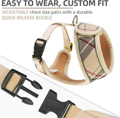 PUPTECK Soft Mesh Dog Harness Small Sized and Leash Set Pet Puppy Cat Comfort Padded Vest No Pull Harnesses, Beige Plaid, Openable Neck, New XS