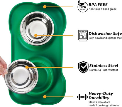 Hubulk Pet Dog Bowls 2 Stainless Steel Dog Bowl with No Spill Non-Skid Silicone Mat + Pet Food Scoop Water and Food Feeder Bowls for Feeding Small Medium Large Dogs Cats Puppies (Small, Hunter Green)