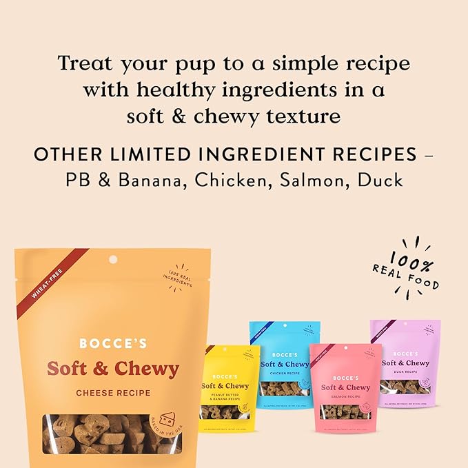 Bocce's Bakery Oven Baked Cheese Recipe Treats for Dogs, Wheat-Free Everyday Dog Treats, Made with Real Ingredients, Baked in The USA, Natural Soft & Chewy Cookies, Cheese, 6 oz