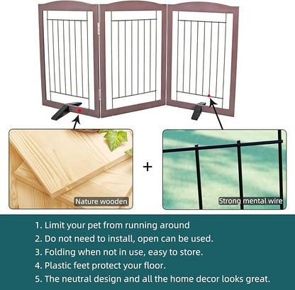 ZJSF Freestanding Dog Fence Indoor, Foldable Dog Gate for Doorways, Stairs or Hallways, Sturdy Wood Extra Wide Pet Gate with Support Feet for The House, Brown, 32 "Height-3 Panels
