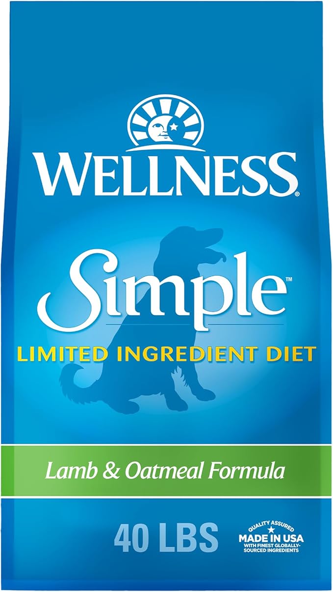 Wellness Simple Limited Ingredient Diet Adult Dry Dog Food, Wholesome Grain Kibble, Sensitive Stomach, Skin & Coat Support, Natural, Chicken Free, Lamb and Oatmeal Recipe, 40 lb Bag
