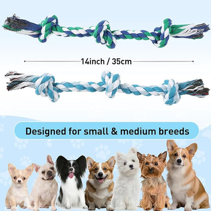 SZEE 2Pcs Dog Rope Toys for Small Breeds, 14 in 3 Knots Chew Rope Toy for Dogs, Pull Toy for Tug of War, Energy Release, Boredom Relief and Teeth Cleaning (Green & Blue)