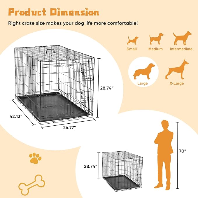 DUMOS Dog Crate, 42 Inch Large Double Door Dog Cage with Plastic Leak-Proof Pan Tray, Folding Metal Wire Pet Kennel for Indoor, Outdoor, Travel