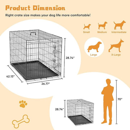 DUMOS Dog Crate, 42 Inch Large Double Door Dog Cage with Plastic Leak-Proof Pan Tray, Folding Metal Wire Pet Kennel for Indoor, Outdoor, Travel