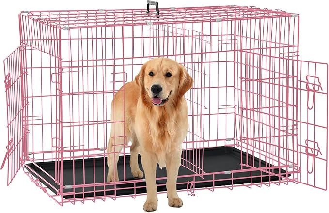Dog Crate for Large Medium Small Dogs, Folding Dog Kennel Cage with Plastic Tray & Divider 48"/42"/ 36"/ 30"/ 24" Indoor Outdoor Metal Double Door Heavy Duty Dog Pen Enclosure, Pink(48 Inch)