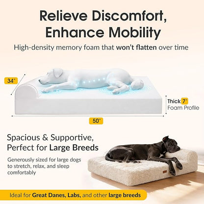 KOPEKS Orthopedic Memory Foam Dog Bed 7" Inch Thick Extra Large Dog Bed with Pillow Fluffy Brown 50"x34"x10" Includes Waterproof Liner & Durable Removable Cover with Smart Design