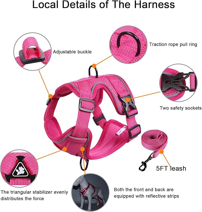 SOLMOONY Small Dog Harness,Soft Mesh Puppy Harness and Leash Set,No Escape Cat Harnesses for Training Walking,Reflective Adjustable Puppy Vest for Small Medium Dogs, Cats (Hot Pink, XL)