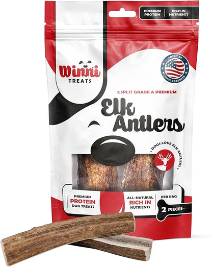 Winni Treats Elk Antlers for Dogs - Single Ingredient, Preservative-Free, Premium Shed, Grade A Split Elk Antler Dog Chew, High in Protein, Calcium for Teeth, Low in Fat, Dog Treat Antler (2 Pieces)
