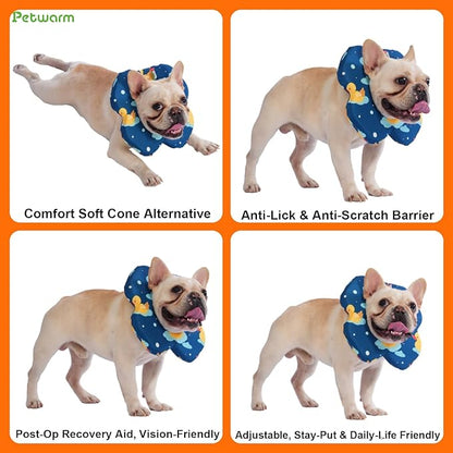 PetWarm Recovery Collar for Dogs, Dog Recovery Collar, Lightweight Pet Neck Protector with Memory Foam Padding, Gentle No-Lick Flower Design for Calm Rest and Travel, Duck Print, Green, L