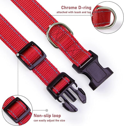 Reflective Dog Collar with Buckle Adjustable Safety Nylon Collars for Small Medium Large Dogs, Red XS
