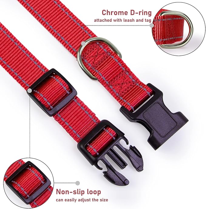 Reflective Dog Collar with Buckle Adjustable Safety Nylon Collars for Small Medium Large Dogs, Red XXS