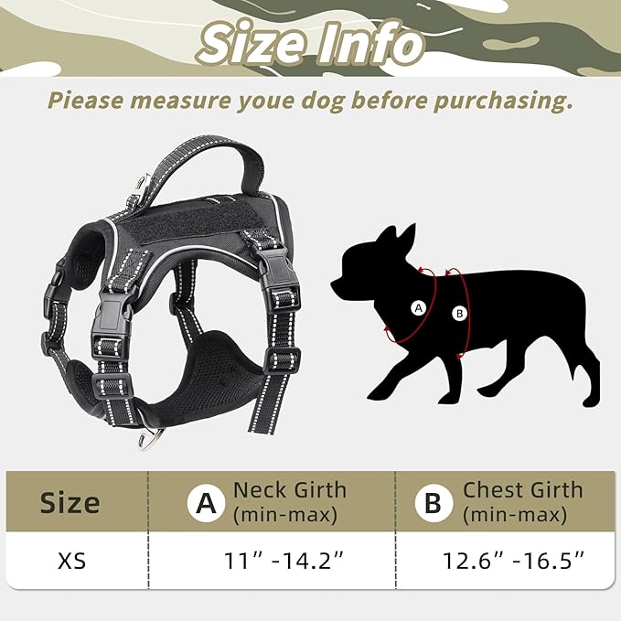 Tactical Dog Harness for Small Dog - Reflective Puppy Pet Vest No Pull Military Service Dog Vest with Vertical Handle XS Dog Harness for Outdoor Training