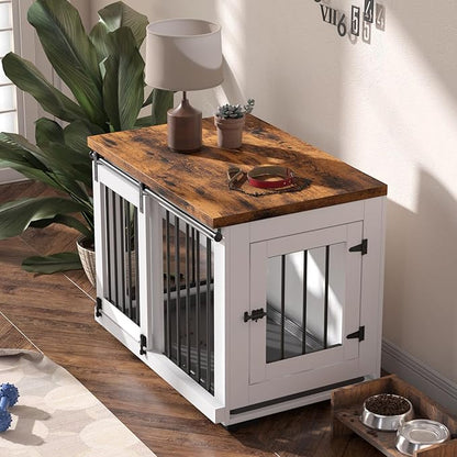 Zakkart Dog Crate Furniture Barn Door for Medium Dogs Up to 40 lbs. - Puppy Kennel w/Thickened Farmhouse Top & Steel Bars - 30'' Wide - White Decorative Modern Dog Crate Table, End Table, Nightstand
