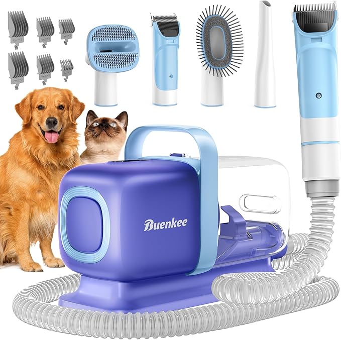buenkee Dog Grooming Kit with Vacuum, 15000Pa Pet Hair Clipper and Shedding Brush, 50dB Low Noise, 2L Capacity, White