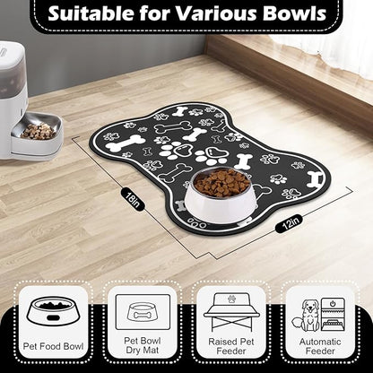 Voanos Dog Cat Food Mat,Rapid AbsorbentPet Feeding Mat, Bone Shaped Dog Placemat Water Bowl Mat with Rubber Backing,No Stains Dog Cat Food Mats Indoor, Pet Accessories Supplies 12""x18"" Black