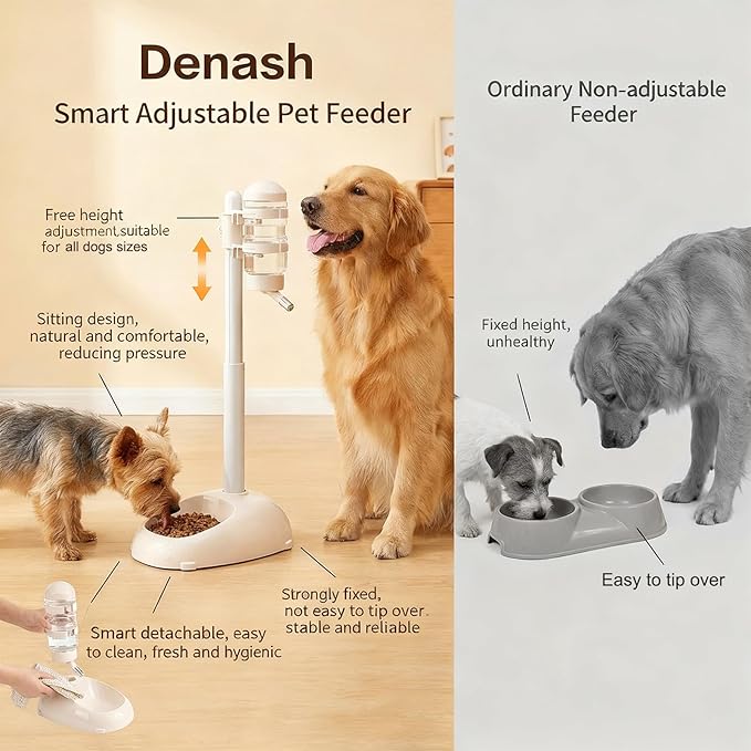 Denash Pet Standing Water Dispenser Feeder, 500ml Dog Water Feeder Bottle Adjustable Raised Pet Food Bowl for Dogs Detachable Bottles Easy Cleaning (Beige)