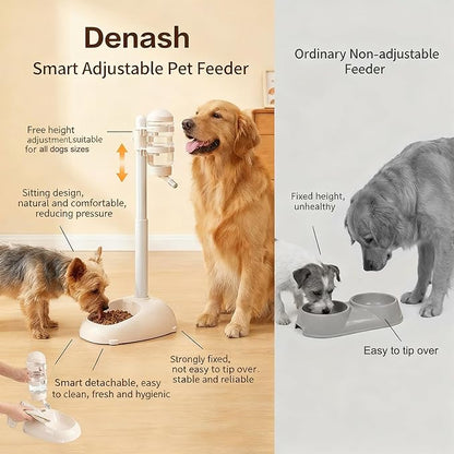 Denash Pet Standing Water Dispenser Feeder, 500ml Dog Water Feeder Bottle Adjustable Raised Pet Food Bowl for Dogs Detachable Bottles Easy Cleaning (Beige)