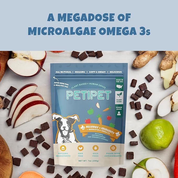 Petipet Dog Allergy Relief Soft & Chewy Chews - Quercetin + Omega 3 - Natural Antihistamine for Itching, Paw Licking, Seasonal and Grass Allergies - for Itchy Skin, Hot Spots, Immune Support