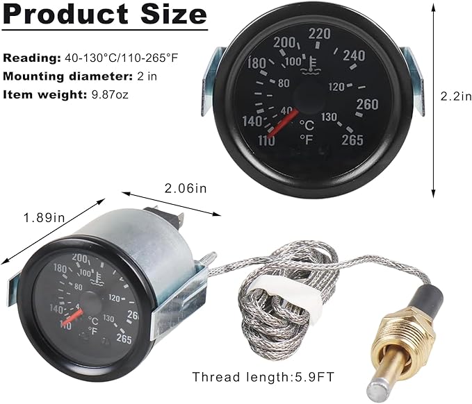 DXNQ Water Temperature Gauge, 2" 52mm 12V Pointer Mechanical Coolant Temp Gauge(40-130℃, 110-265℉), Dual Scale Yellow LED Light Water Thermometer with Sensor NPT 1/2 for Car Boat Marine Truck