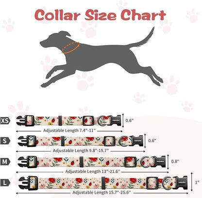 Kazazoo Dog Collar Cute and Soft Nylon Puppy Collar for Boy and Girl, Adjustable Dog Collars for Small Medium Dogs, Ladybugs and Flowers-M