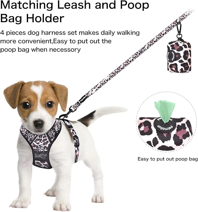 Petmolico No Pull Dog Harness Set with Leash Attachment Easy Control Handle Reflective Harness Vest Small Breed, Puppy Vest and Leash Set with Poop Bag Holder, Large - Leopard