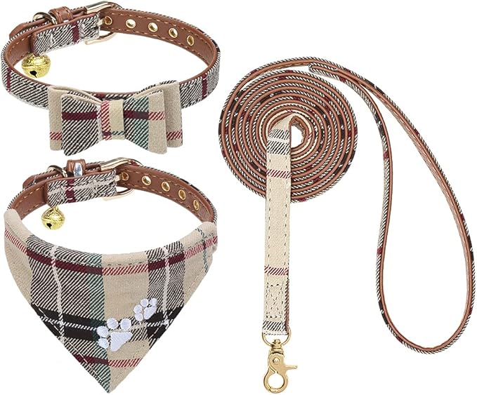 EXPAWLORER Puppy Collar and Leash Set - Embroidery Pawprints Plaid Dog Collar and Dog Leash Set, Bow Tie and Bandana Dog Collar with Bell, Collar and Leash for Dogs Cats Outdoor Walking, Beige S