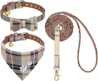 EXPAWLORER Puppy Collar and Leash Set - Embroidery Pawprints Plaid Dog Collar and Dog Leash Set, Bow Tie and Bandana Dog Collar with Bell, Collar and Leash for Dogs Cats Outdoor Walking, Beige S