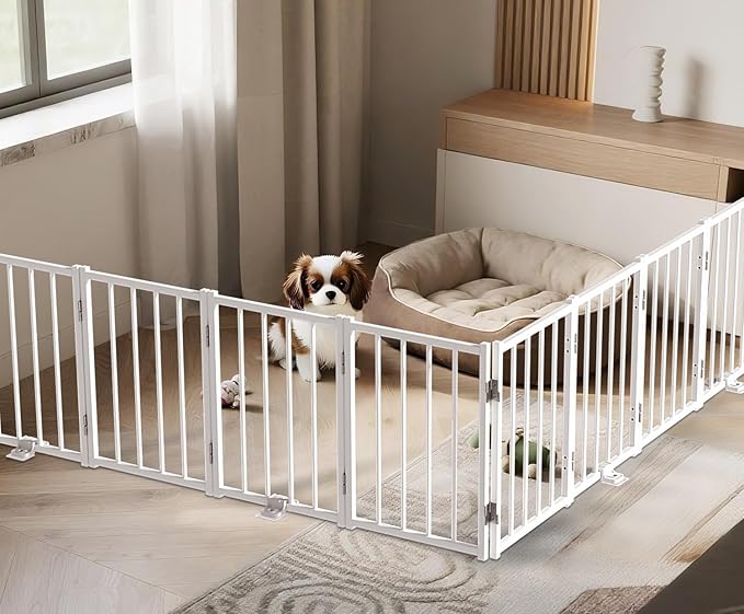 BFNN Free Standing Foldable Dog Gate, 16.5" High Step-Over Metal Short Pet Gate, Up to 96" Wide Puppy Fence for Stairs and Doorways, Indoor & Outdoor Use, No Drilling and No Assembly, White
