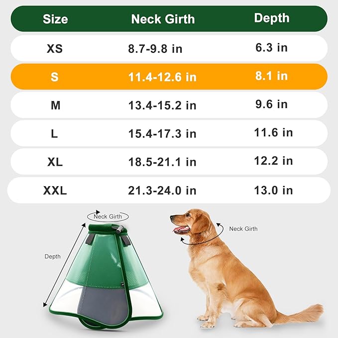 WinWeal Soft Dog Cone Collar for Dogs After Surgery, Transparent Breathable Pet Recovery Collar for Large Medium Dogs, Adjustable Dog Cone Collar, Elizabethan Collar (S, Dark Green)