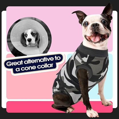FUAMEY Dog Recovery Suit Male,Dogs Surgery Neuter Suits Puppy Spay Shirts for Female Protect Dog's Skin Anti Licking Abdominal Wounds Doggie Onesie Pet Bodysuit Alternative to Cone Grey Camouflage L
