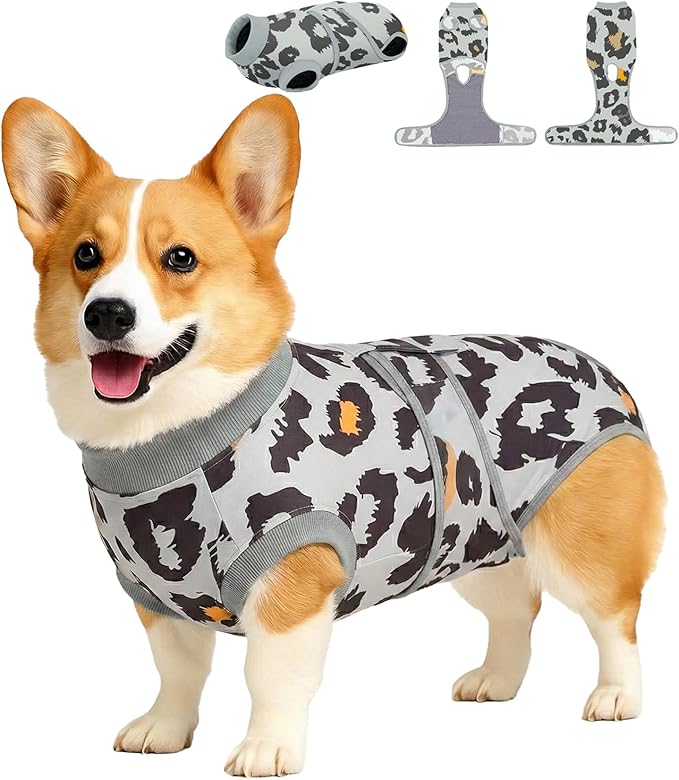PetWarm Prevents Licking, Cotton Protect Abdominal, Dog Spay Recovery Suit, Recovery Suit for Dogs, Dog After Surgery Onesie for Male Female Dogs, Leopard Pattern, Green Grey, S