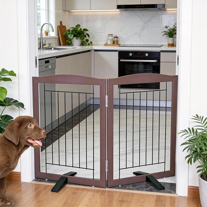 ZJSF Freestanding Dog Fence Indoor, Foldable Dog Gate for Doorways, Stairs or Hallways, Sturdy Wood Extra Wide Pet Gate with Support Feet for The House, Brown, 24 "Height-2 Panels