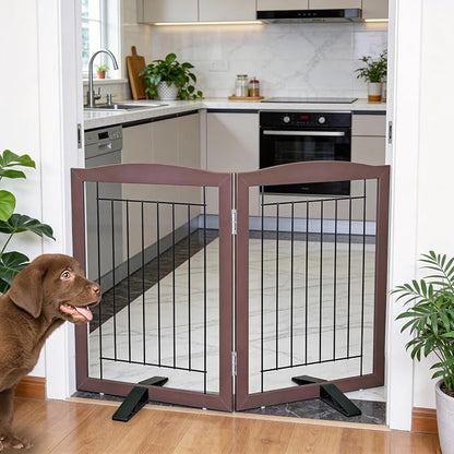 ZJSF Freestanding Dog Fence Indoor, Foldable Dog Gate for Doorways, Stairs or Hallways, Sturdy Wood Extra Wide Pet Gate with Support Feet for The House, Brown, 24 "Height-2 Panels
