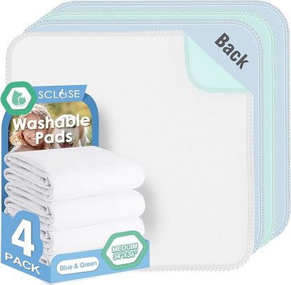 SCLOSE Washable Pee Pads for Dogs 4 Pack, 34" x 36" Waterproof Incontinence Bed Pads for Adults, Elderly and Kids, Nursing Pads, Chucks Pads, Super Asorbent Training Pads, Whelping Pads, Blue & Green