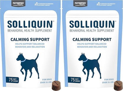 Nutramax Solliquin Calming Support for Dogs, Behavioral Health Supplement with L-Theanine, Magnolia/Phellodendron, and Whey Protein Concentrate, Soft Chews, 75 Count (Pack of 2)
