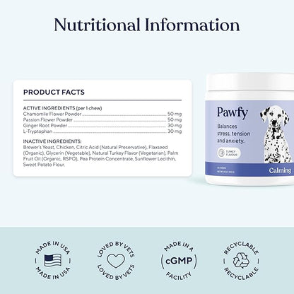 Pawfy Calming Chews for Dogs | Natural Dog Calming Chews - Supports Relaxation and Calm Behavior | Helps with Thunder, Separation, Chewing & Barking | Soothing Aid for Fireworks - 30 Turkey Treats