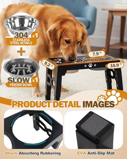 Jovrun Elevated Dog Bowls for Medium Large Size Dogs, Non-Slip Dog Feeder with 1*Stainless Steel Dishes & 1*Slow Feeder Bowl, 5 Heights Adjustable Raised Bowls to 3.15″-8.66″-9.84″-11.02″-12.2″