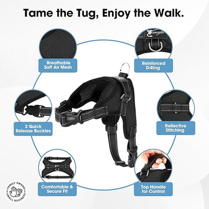 No Pull Reflective Adjustable Dog Harness With Handle- Comfortable Soft All Weather Mesh, Easy On Puppy Harness For Small Medium and Large Dogs (Black) X-Large