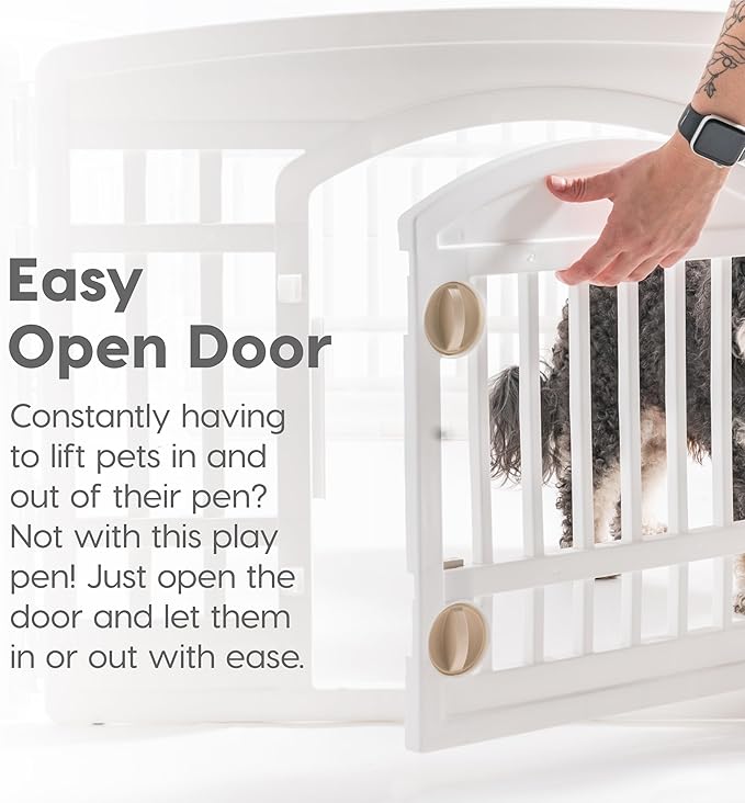 IRIS USA Dog Playpen with Door, 24” 4 Panel Pet Exercise Pen – Indoor Outdoor Puppy Play Pen, Portable Plastic Pet Fence for Small Medium Dogs, Foldable 35” x 35” x 24”, White
