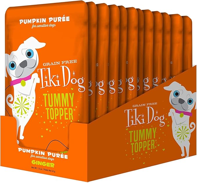 Tiki Dog Single-Serve Tummy Topper, Grain-Free Pumpkin Purée with Ginger for Sensitive Stomachs, 1.5oz Pouches (Pack of 12)