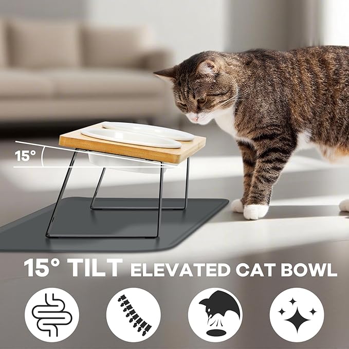 LEAWALK Upgraded Adjustable Height Cat Food Bowls Stand Ceramic Dog Bowls and Slow Feeder Cat Bowl, 15°Tilted Stand Anti Vomiting Raised for Small and Medium Sized Cats Dogs (Creamy White)