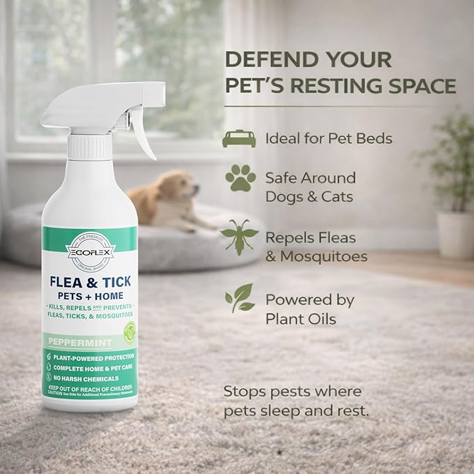 Flea Spray for Home & Pets - Flea and Tick Prevention for Dogs - Plant Based Repellent with Natural Essential Oils for Dog Flea Treatment Protection - Peppermint Scent - 16 Fl Oz