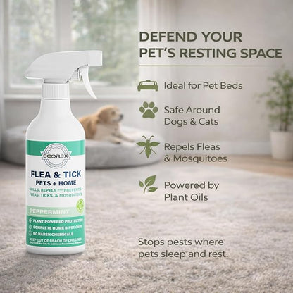 Flea Spray for Home & Pets - Flea and Tick Prevention for Dogs - Plant Based Repellent with Natural Essential Oils for Dog Flea Treatment Protection - Peppermint Scent - 16 Fl Oz
