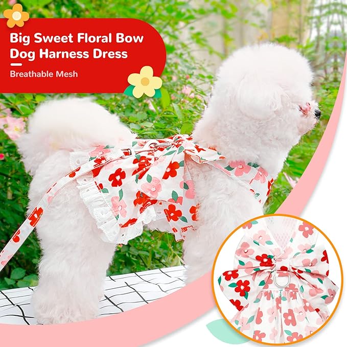 ABRRLO Dog Harness Dress Leash Set for Small Dog Summer Clothes Girl Female Puppy Cats Outfits Cute Floral Bowknot Princess Birthday Dress for Extra Small Pet Doggie Kitten Outfits Apparel(Red,S)