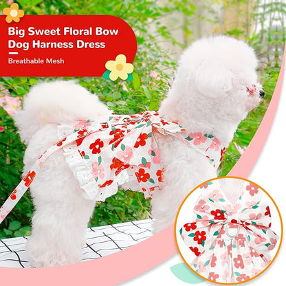 ABRRLO Dog Harness Dress Leash Set for Small Dog Summer Clothes Girl Female Puppy Cats Outfits Cute Floral Bowknot Princess Birthday Dress for Extra Small Pet Doggie Kitten Outfits Apparel(Red,S)